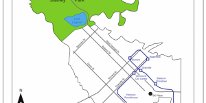 A map of the skytrain route in downtown Vancouver. Stanley Park is in green and the rest of downtown Vancouver is in white. Major streets are displayed along with skytrain lines and stations in navy blue.