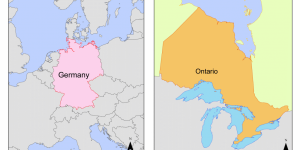 Two maps side by side showing Germany and Ontario in country-specific custom Albers Equal Area Conic projections.
