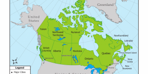 A map of Canada's provinces and territories. Canada is in green and neighbouring countries are in grey.